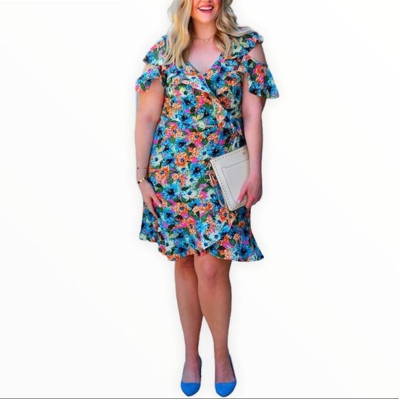 London Times Cold Shoulder Ruffle Floral Dress - Picture 1 of 13